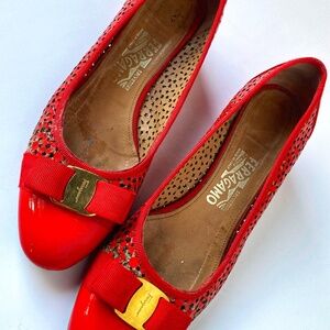 Red laser-cut Ferragamo flats size 9 (estimated)